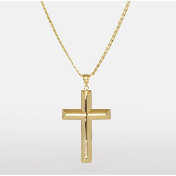 Real 10K Gold Cross Necklace, Solid Gold Curb Chain, Gift for Him Stamped 10K - Picture 2 of 5